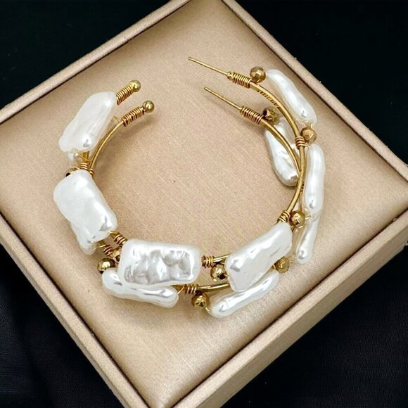 NWT Large Hoop Earrings Irregular Shaped White Pearls 14K Gold Plated Statement - Picture 8 of 10